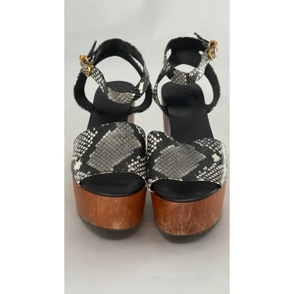 Tory Burch Heels Camilla Platform Snake Embossed Leather Wooden 7.5‎ Black White